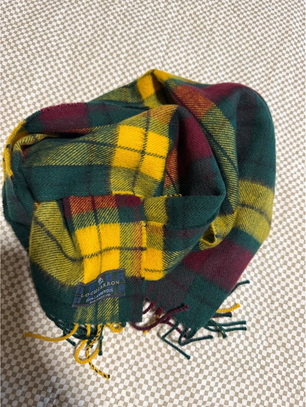 Lochcarron of Scotland 100% Lambswool Tartan Plaid Scarf Green Yellow Burgundy